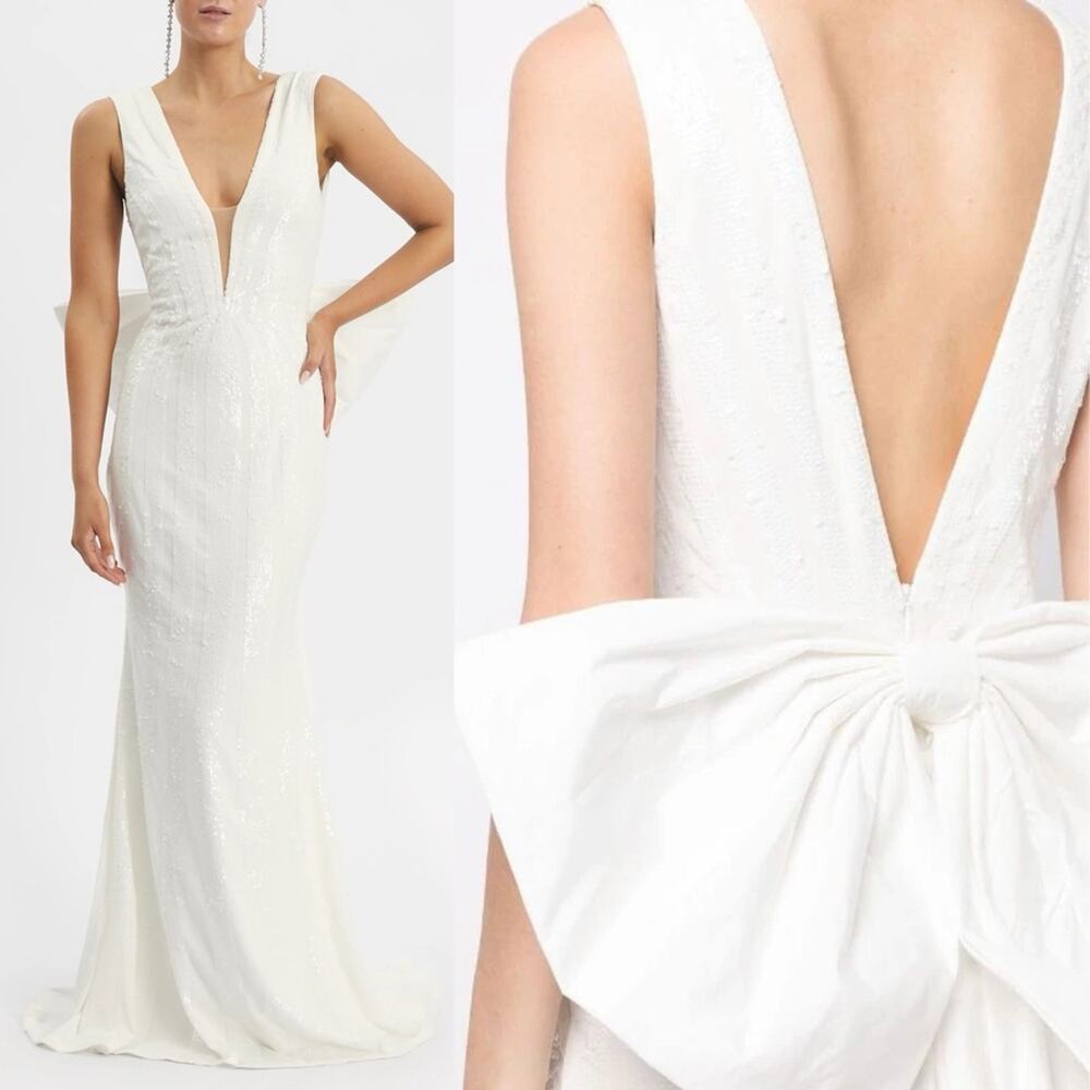 Rebecca Vallance Davina Dress Bridal Sequin Plunge Neck Bow Back Ivory Size 8